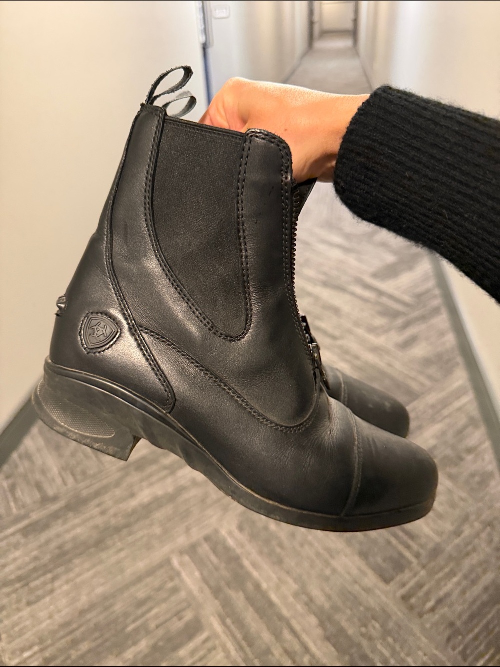 Black Leather Zip-Front Ankle Riding Boots
